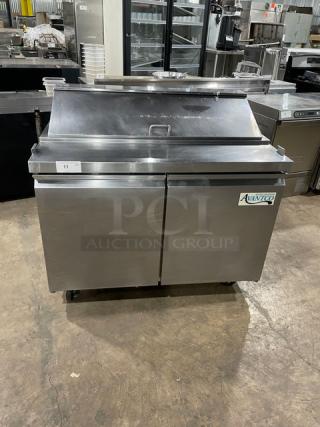 Avantco Commercial Stainless Steel 2 Door Refrigerated Bain Marie Style Mega Top Salad/Sandwich Prep Table! With Poly Coated Wire Racks! Model: 178SSPT48HC SN: 9142050071! On Casters!