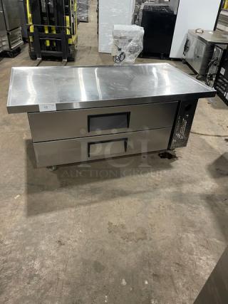 True Commercial Stainless Steel 2 Drawer Refrigerated Chef Base! With Oversized Worktop! Model: TRCB-52-60 SN: 7708598! 115V 1 Phase! On Casters!