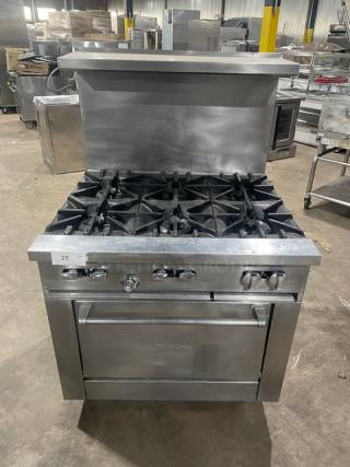 SunFire Commercial Stainless Steel Natural Gas Powered 6 Burner Range/Oven Combo! With Back Splash & Overhead Salamander Shelf! With Wired Oven Rack! On Casters!