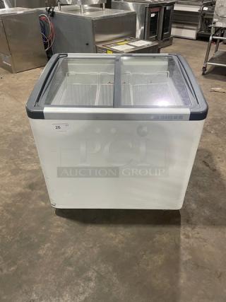 Liebherr Commercial White Curved Double Glass Sliding-Top Ice Cream/Frozen Yogurt Merchandiser Display Chest Freezer! With Poly Coated Wire Baskets! Model: EFI2053 SN: 60.461.459.7! 115V! On Casters! - Item #1188614