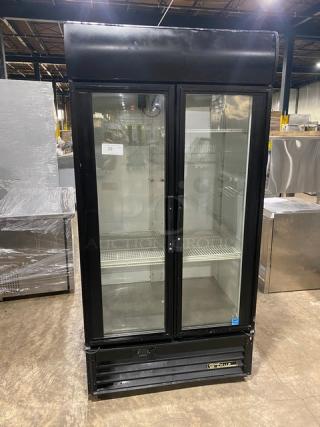 True Commercial Black Powder Coated Double Glass Swing Door Reach In Merchandiser Refrigerator! Energy Star Certified! With Poly Coated Wire Racks! Model: GDM-35EM SN: 5313376! 115V 1 Phase! - Item #1189389