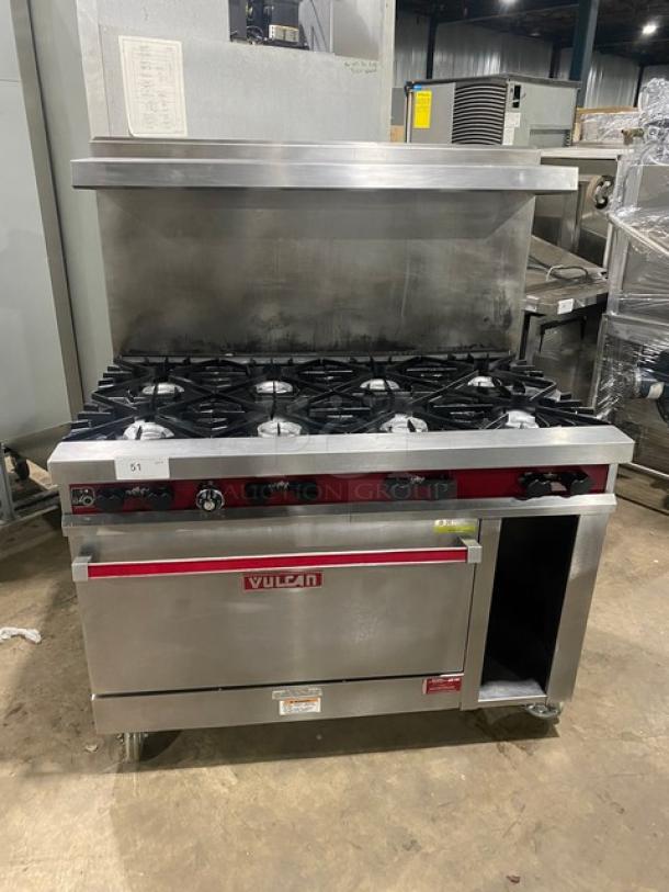 Vulcan Commercial Stainless Steel Natural Gas Powered 8-Burner Range/Oven Combo! With Back Splash & Overhead Salamander Shelf! With Wired Oven Racks! With Enclosed Dry Storage! On Casters! - Image 1 of 9