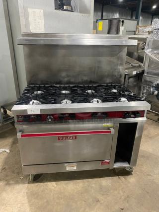 Vulcan Commercial Stainless Steel Natural Gas Powered 8-Burner Range/Oven Combo! With Back Splash & Overhead Salamander Shelf! With Wired Oven Racks! With Enclosed Dry Storage! On Casters! - Item #1189415