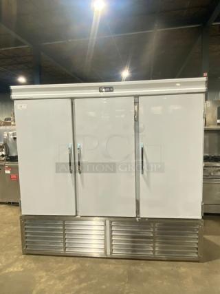 Leader Commercial White Powder Coated Solid 3 Door Reach In Refrigerator! With Poly Coated Wire Racks! - Item #1189419