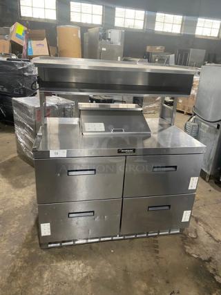 Delfield Commercial Stainless Steel 4 Drawer Refrigerated Bain Marie Style Mega Top Salad/Sandwich Prep Table! With Enclosed Storage Overhead! - Item #1189422