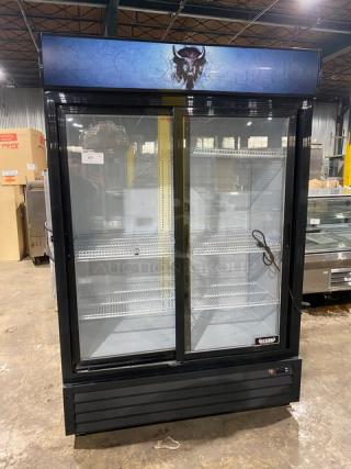 Bison! 2022! Late Model! Commercial Black Powder Coated Double Sliding Glass Door Reach In Merchandiser Refrigerator! With Poly Coted Wire Racks! Model: BGM-49-SD SN: BGM49SD20211122009! 115V! On Casters! - Item #1189426