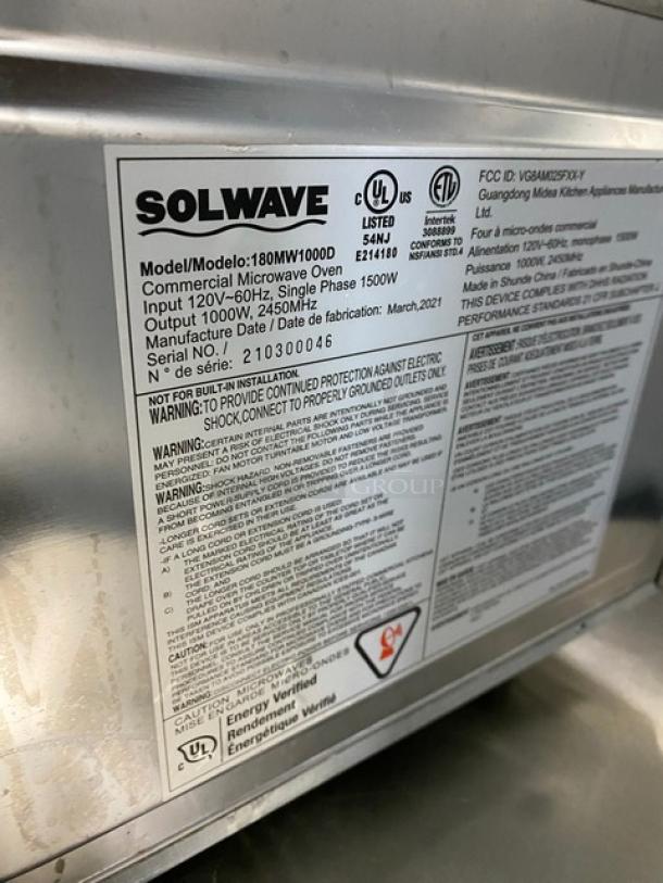 Solwave! 2021! Late Model! Commercial Stainless Steel Electric Powered Countertop Microwave Oven! With Dial Controls! Model: 180MW1000D SN: 210300046! 120V 1 Phase! - Image 7 of 8
