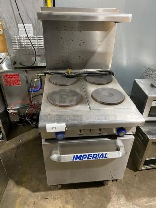 Imperial Commercial Stainless Steel Electric Powered 4 Burner Hot Plate Range/Oven Combo! With Back Splash & Overhead Salamander Shelf! With Wire Oven Rack! On Legs! - Item #1189445