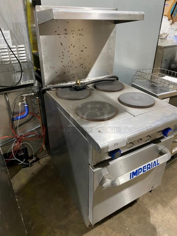 Imperial Commercial Stainless Steel Electric Powered 4 Burner Hot Plate Range/Oven Combo! With Back Splash & Overhead Salamander Shelf! With Wire Oven Rack! On Legs! - Image 2 of 9