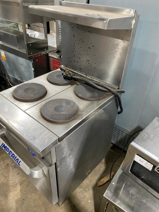 Imperial Commercial Stainless Steel Electric Powered 4 Burner Hot Plate Range/Oven Combo! With Back Splash & Overhead Salamander Shelf! With Wire Oven Rack! On Legs! - Image 3 of 9