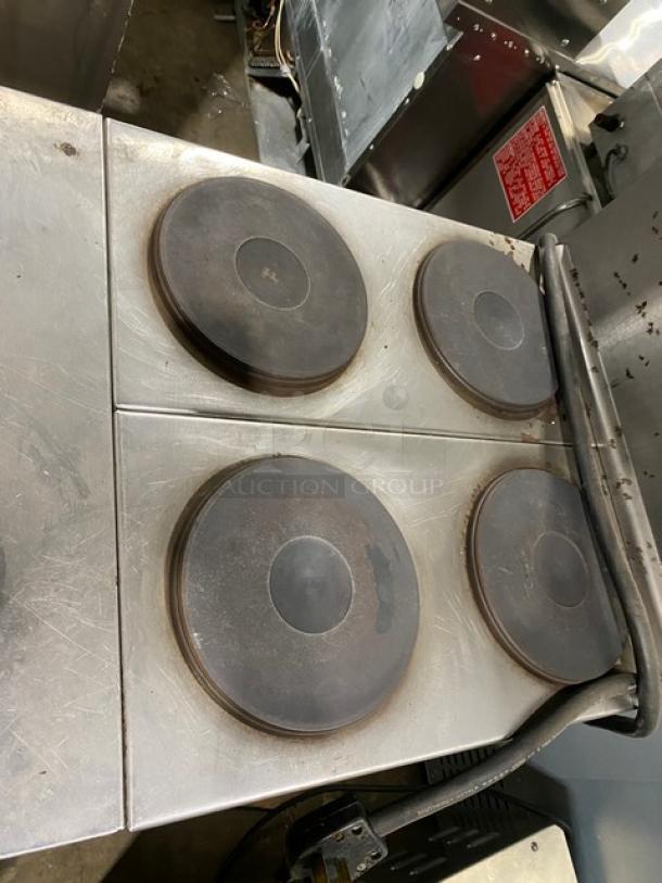 Imperial Commercial Stainless Steel Electric Powered 4 Burner Hot Plate Range/Oven Combo! With Back Splash & Overhead Salamander Shelf! With Wire Oven Rack! On Legs! - Image 5 of 9