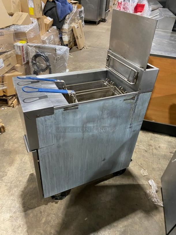Frymaster Commercial Stainless Steel Natural Gas Powered Deep Fat Fryer! With Back Splash & Basket Hanger! With Frying Backets! Model: GF14SD SN: 2101FM0211! On Casters! - Image 2 of 8