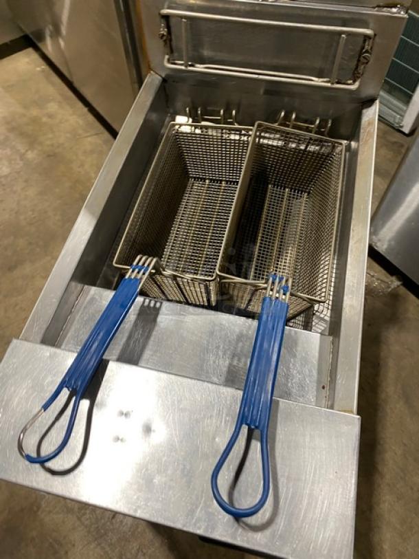 Frymaster Commercial Stainless Steel Natural Gas Powered Deep Fat Fryer! With Back Splash & Basket Hanger! With Frying Backets! Model: GF14SD SN: 2101FM0211! On Casters! - Image 5 of 8