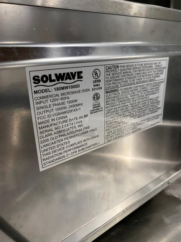 Solwave! 2023! Late Model! Commercial Stainless Steel Electric Powered Countertop Microwave Oven! With Dial Controls! Model: 180MW1000D SN: 230701346! 120V 1 Phase! On Legs! - Image 5 of 8