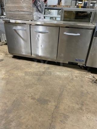 Ikon Commercial Stainless Steel 3 Door Undercounter Worktop Refrigerator! With Poly Coated Wire Racks! Model: IUC72R SN: IUC72R9205330! 115V 1 Phase! On Casters! - Item #1189501