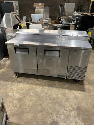 True Commercial Stainless Steel 2 Door Refrigerated Mega Top Pizza Prep Table! Model: TPP-67 SN: 9251551! 115V 1 Phase! On Casters! - Item #1189684