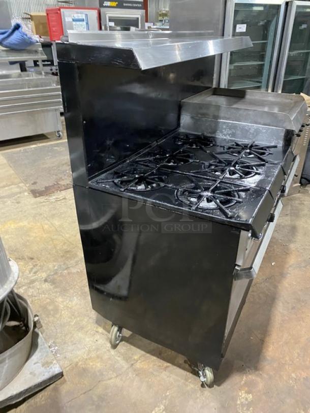 Garland Commercial Stainless Steel Natural Gas Powered 6 Burner Range/Raised Flat Griddle Split Top & Double Oven Combo! With Built-In Broiler/Cheese Melter! With Back Splash & Overhead Salamander Shelf! With Wired Oven Racks! On Casters! - Image 3 of 10