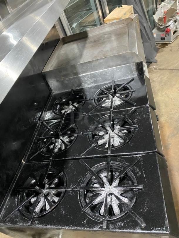 Garland Commercial Stainless Steel Natural Gas Powered 6 Burner Range/Raised Flat Griddle Split Top & Double Oven Combo! With Built-In Broiler/Cheese Melter! With Back Splash & Overhead Salamander Shelf! With Wired Oven Racks! On Casters! - Image 5 of 10