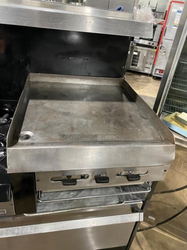 Garland Commercial Stainless Steel Natural Gas Powered 6 Burner Range/Raised Flat Griddle Split Top & Double Oven Combo! With Built-In Broiler/Cheese Melter! With Back Splash & Overhead Salamander Shelf! With Wired Oven Racks! On Casters! - Image 7 of 10