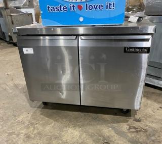 Continental Commercial Stainless Steel 2 Door Undercounter Worktop Refrigerator! Model: SW48 SN: 15080937! 115V 1 Phase! On Casters!