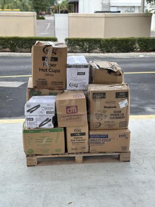 BRAND NEW! MIXED PALLET! ALL IN BOXES! Choice – 2 oz. Clear Plastic Shot Glass – 2,500/Case. Choice – Medium Weight White Plastic Knifes – 1,000/Case. Choice – 2-Ply White Beverage / Cocktail Napkin – 3,000/Case. Noble – Powder-Free Disposable Vinyl Gloves – 1,000/Case. (2) Choice – Medium Weight White Plastic Forks – 1,000/Case. Choice – 16 oz. White Paper Hot Cups – 1,000/Case. #40 6 oz. Red Plaid Paper Food Tray   – 1,000/Case. Hoffmaster– Dinner Napkins 15 ½” x 15 x ½” – 8 Packs of 100. Choice – 1 lb. Oblong Foil Take-out Container with Board Lid – 500/Case. Mikami – Bamboo Chopsticks White Envelopes – 20 Bags. Choice– Black Heavy Weight Cutlery Pack with Napkin and Salt and Pepper Packs – 500/Case. Lavex – Natural Brown Kraft Multifold Towel – 4,000/Case. (4) Visions – 7” Heavy-Duty Disposable Tongs – 24/Case. Dart – Clear Hinged Plastic 9” Medium Oblong Container – 250/Case. 12” Cater Dome with Tab. Choice – 10 oz. Clear PET Plastic Cold Cup – 1,000/Case. Choice – 10 oz. White Paper Hot Cup – 1,000/Case. Dart – ClearSeal Hinged Lid Plastic Container – 250/Case. 22 TIMES YOUR BID!!