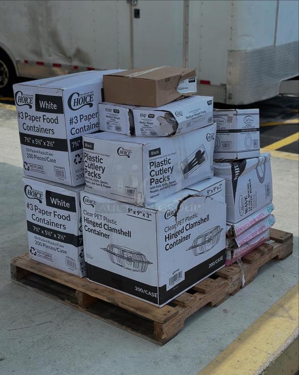 BRAND NEW! MIXED PALLET! ALL IN BOXES! Dart – Solo Ultra Clear 16 oz. Plastic Cold Cup – 1,000/Case. (3) Choice – 2 oz. Black Portion Cups – 2,500/Case. Choice – 6” x 6” x 3” Microwavable 1-Compartment Black/Clear Plastic Hinged Container – 200/Case. Choice – 20 oz. Clear Plastic Cold Cup – 600/Case. (2) OneUp by Choice – 2-Ply White Interfold Dispenser Napkins – 6,000/Case. Choice – 16 oz. Microwavable Translucent Round Deli Container – 500/Case. EcoChoice – 2-Cup Carrier with Large Tray – 100/Case. Choice – 44-50 oz. Round Take-Out Lid – 300/Case. Noble – Large Black Powder-Free Gloves – 1,000/Case. Choice – 32 oz. Microwavable Translucent Round Deli Container – 500/Case. 13 TIMES YOUR BID!! - Image 2 of 3