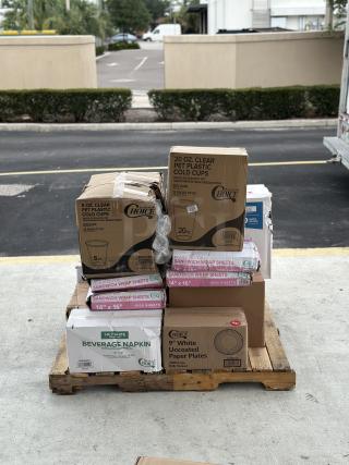 BRAND NEW! MIXED PALLET! ALL IN BOXES! Noble – Black Extra-Large Disposable Gloves – 1,000/Case. Choice – 1-Ply White Beverage Napkin – 4,000/Case. Solut 1810 – 8 oz. Black Round Rolled Rim Cup – 720/Case. Choice – 9” White Uncoated Paper Plate – 1,000/Case. 10 ½” x 7 ½ x 1 ½” Red Plaid Kraft Lunch Tray – 250/Case. Choice – 10” 3-Compartment Black Plastic Plate – 500/Case. Noble – Extra-Large Powder-Free Disposable Vinyl Gloves – 1,000/Case. (4) Choice – Insulated Foil Sandwich Wrap Sheets – 1,000/Case. Choice – 20 oz. Clear Plastic Cold Cup – 600/Case. Lavex Premium – Individually Wrapped 2-Ply Standard 500 Sheet Toilet Paper Roll – 60/Case. Choice – 5 oz. Clear Plastic Cold Cup – 2,500/Case. 14 TIMES YOUR BID!!