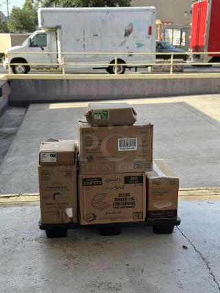 BRAND NEW! MIXED PALLET! ALL IN BOXES! - Lavex - Li'l Herc - 45 Gallon 1.2 Mil 40" x 46" Low Density Medium-Duty Clear Can Liner / Trash Bag - 100/Case. (2) Dart - Concorde 10-12 oz. White Non-Laminated Round Foam Bowl - 1,000/Case. Duro - 8 lb. Natural Kraft Paper Bag - 500/Bundle. Fabri-Kal - Greenware 24 oz. Compostable Clear Customizable Plastic Cold Cup - 600/Case. Dart - ClearSeal 8 5/16" x 8 5/16" x 3" 3 Compartment Hinged Lid Plastic Container - 250/Case. Choice - 36 oz. White 9 3/4" x 7 1/4" x 2 3/16" 3-Compartment Rectangular Microwavable Heavy Weight Container with Lid - 150/Case. Choice – White 9” x 9” Take Out Container – 150/Case. Choice – 20 oz. Clear Plastic Cold - 600/Case. Visions - Florence 8" Square Black Plastic Plate - 120/Case. 10 TIMES YOUR BID!!