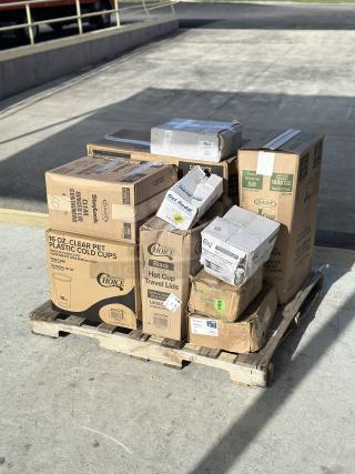 BRAND NEW! MIXED PALLET! ALL IN BOXES! - Dart - StayLock Clear Hinged Plastic 9" Medium Oblong Container - 250/Case. Choice - Clear Plastic Cold Cup - 16 oz. - 1,000/Case. Choice - Black Hot Paper Cup Travel Lid for 10-24 oz. Standard Cups and 8 oz. Squat Cups - 1,000/Case. Environ- 8" Heavy Weight Cornstarch Knife - 1,000/Case. Lavex -Hercules 56 Gallon Heavy-Duty Black Can Liner / Trash Bag - 50/Case. Dart - 8 oz. White Foam Cup - 1,000/Case. Dart - ThermoGlaze 16 oz. Cafe G Espresso Customizable Foam Cup - 1,000/Case. Get Reddi - Plastic Bread Bag - 1,000/Case. Choice Medium Weight Black Plastic Cutlery Set with Napkin - 250/Case. RMAC Supplies – 250/Case. 10 TIMES YOUR BID!!