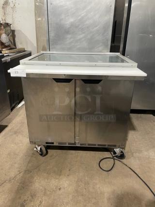 Beverage-Air Commercial Stainless Steel 2 Door Refrigerated Glass Top Salad/Sandwich Prep Table! With Cutting Board! Model: SPE36HC-15M-STL SN: 13408392! 115V 1 Phase! On Casters!