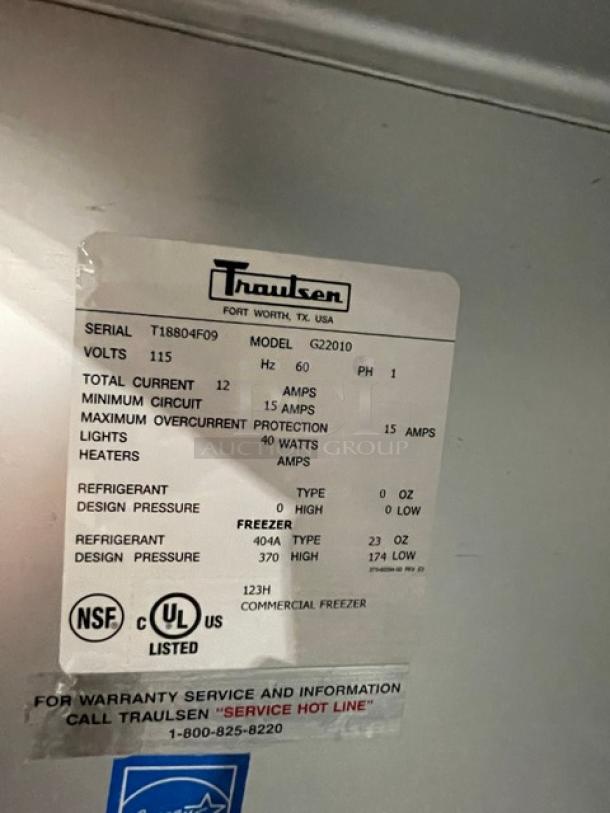 Traulsen G-Series Commercial Stainless Steel Solid 2 Door Reach In Freezer! Energy Star Certified! With Poly Coated Wire Racks! Model: G22010 SN: T18804F09! 115V 1 Phase! On Casters! - Image 6 of 8
