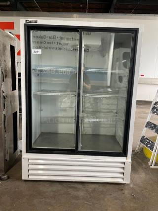 Powers Equipment Commercial White Powder Coated Double Sliding Glass Door Reach In Merchandiser Refrigerator! With Poly Coated Wire Racks! Model: BS52GDF SN: D034900! 115V 1 Phase! - Item #1190447