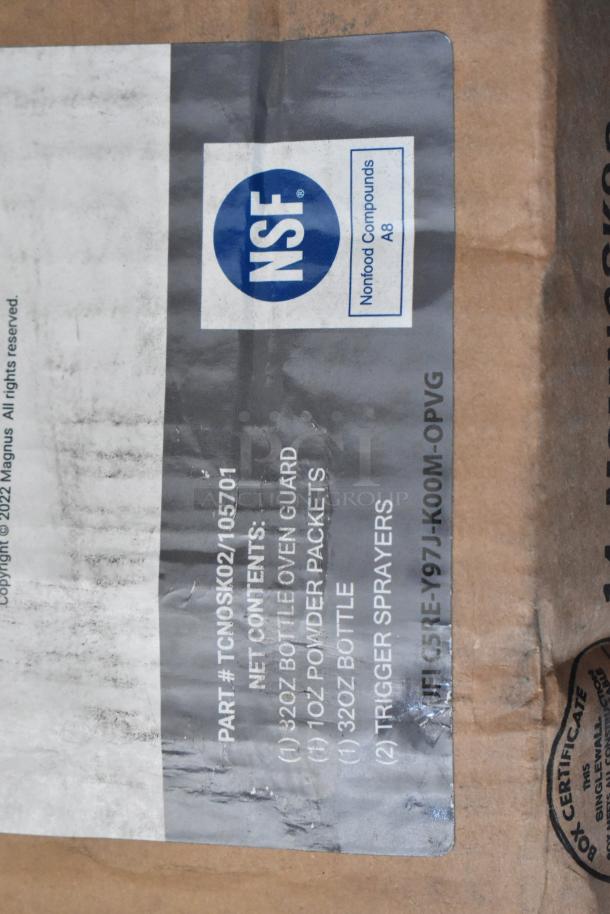 Cardboard box with label for NSF nonfood compounds, part #TCNOSK02105701, containing cleaning products and sprayers.