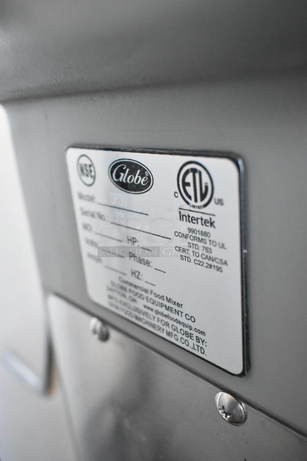 Globe SP30 food mixer label; model SP30, serial no. 73, NSF and ETL certified by Intertek, manufactured by Globe Food Equipment Co.