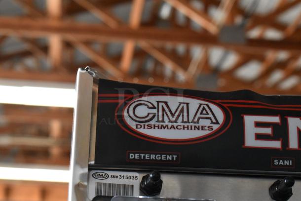 CMA Dishmachines label with serial number 315035, indicating a stainless steel commercial dishwasher, Detergent compartment visible.