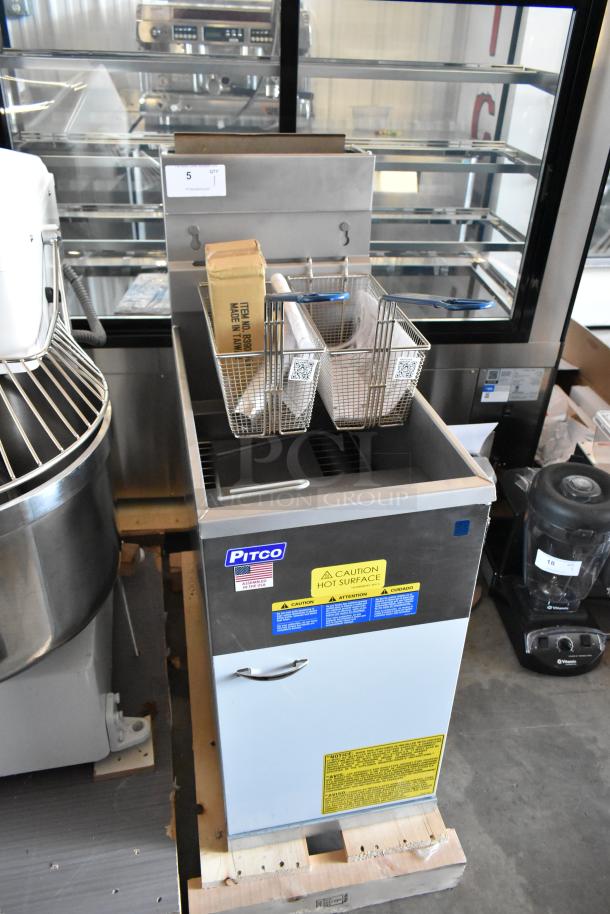 Pitco commercial deep fryer with dual baskets, caution labels, and shipping box. Stainless steel, gently used condition.