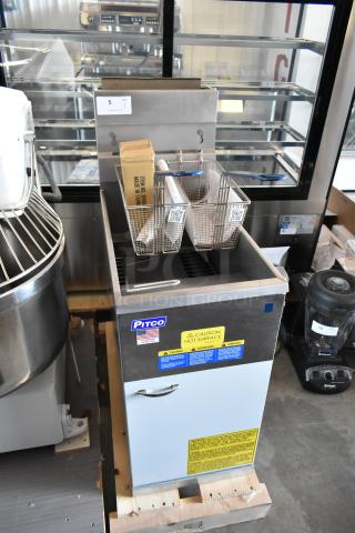 Pitco commercial deep fryer with dual baskets, caution labels, and shipping box. Stainless steel, gently used condition.
