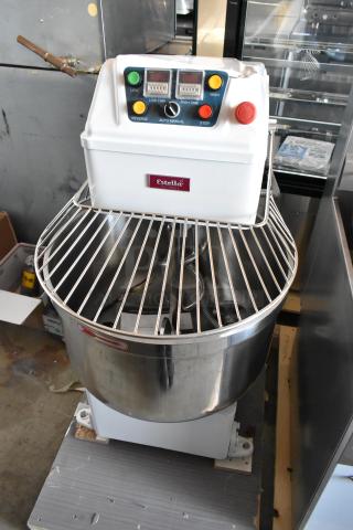 BRAND NEW SCRATCH AND DENT! Estella 348SM80 Metal Commercial 80 Qt. / 116 lb. Two-Speed Spiral Dough Mixer w/ Stainless Steel Mixing Bowl, Bowl Guard and Dough Hook Attachment. 220 Volts, 3 Phase, 4 1/4 HP - Item #1192460
