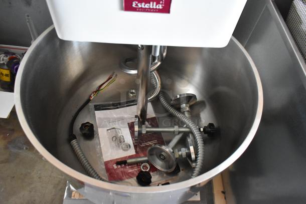 Estella commercial mixer bowl with attachments and user manual, in new condition. Features stainless steel finish, model S-30.
