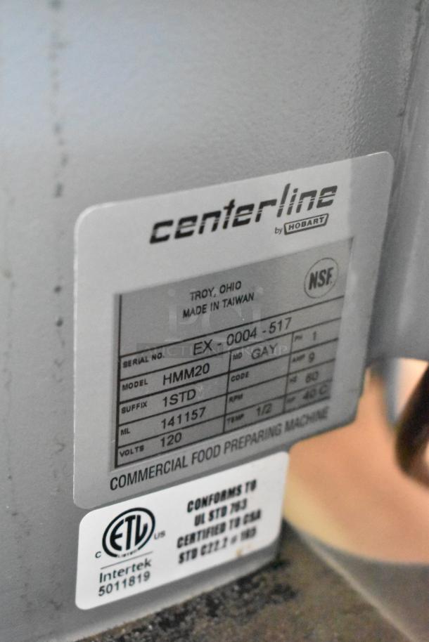 Centerline by Hobart commercial food preparing machine label, model HMM20, 120 volts, made in Taiwan.