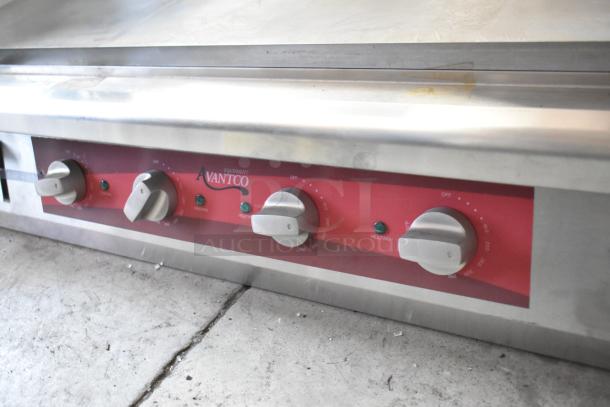 Avantco commercial griddle control panel with three temperature dials, stainless steel exterior, and visible heating markers.