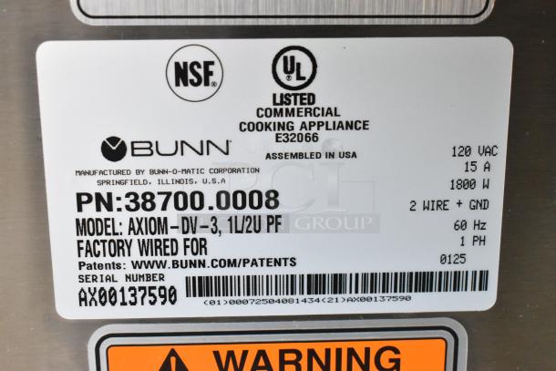 Bunn AXIOM-DV-3 commercial coffee maker label, NSF and UL certified, 120VAC, 1800W, serial AX00137590, made in USA.