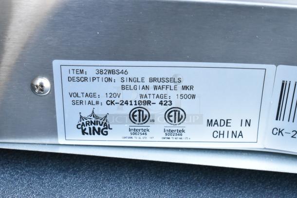 BRAND NEW SCRATCH AND DENT! 2024 Carnival King 382WBS46 Stainless Steel Brussels Style Waffle Maker with Timer. 120 Volts, 1 Phase. - Image 7 of 8