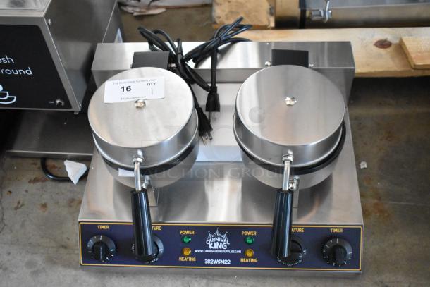 BRAND NEW SCRATCH AND DENT! 2024 Carnival King 382WSM22 Stainless Steel Non-Stick Double Waffle Maker with Timers. 120 Volts, 1 Phase. - Image 1 of 9
