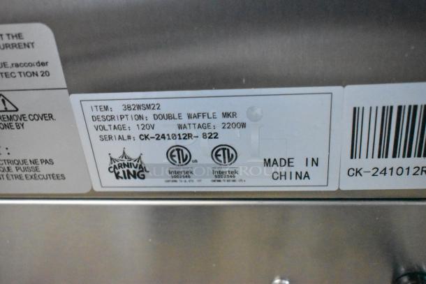 BRAND NEW SCRATCH AND DENT! 2024 Carnival King 382WSM22 Stainless Steel Non-Stick Double Waffle Maker with Timers. 120 Volts, 1 Phase. - Image 8 of 9