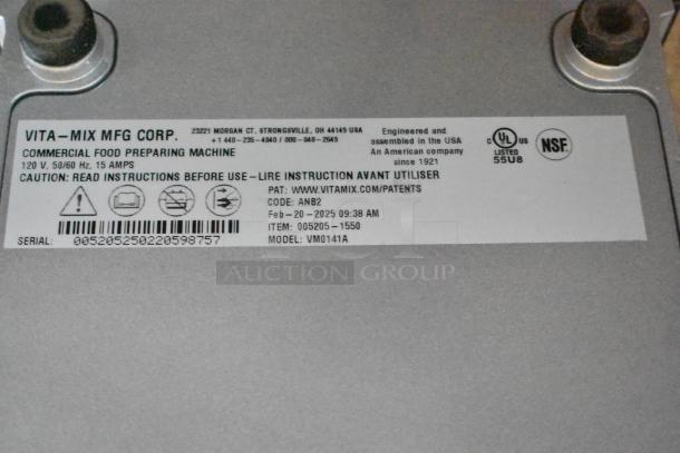 Vita-Mix VM0141A commercial food prepping machine label, 120V, 15A, serial 005205250220598757, NSF/UL certified, made in USA.