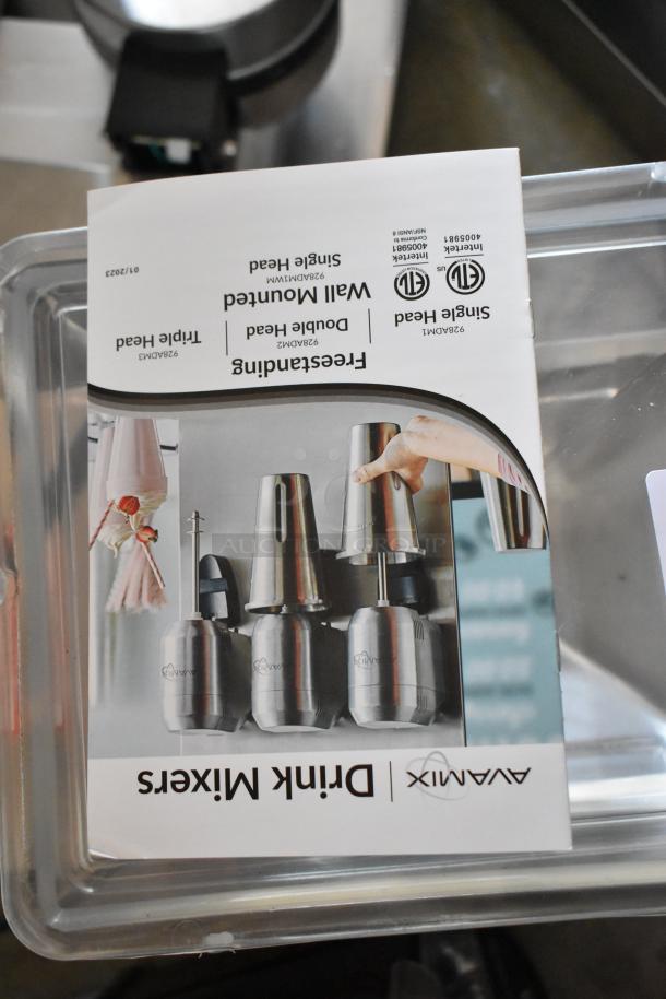 Avamix drink mixer packaging, models available: single, double, triple head. Features stainless steel construction. New in box.