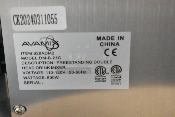 Avamix freestanding double head drink mixer, model DM-B-21C, 800W, 110-120V, ETL certified, made in China. Serial: CK20240311055.