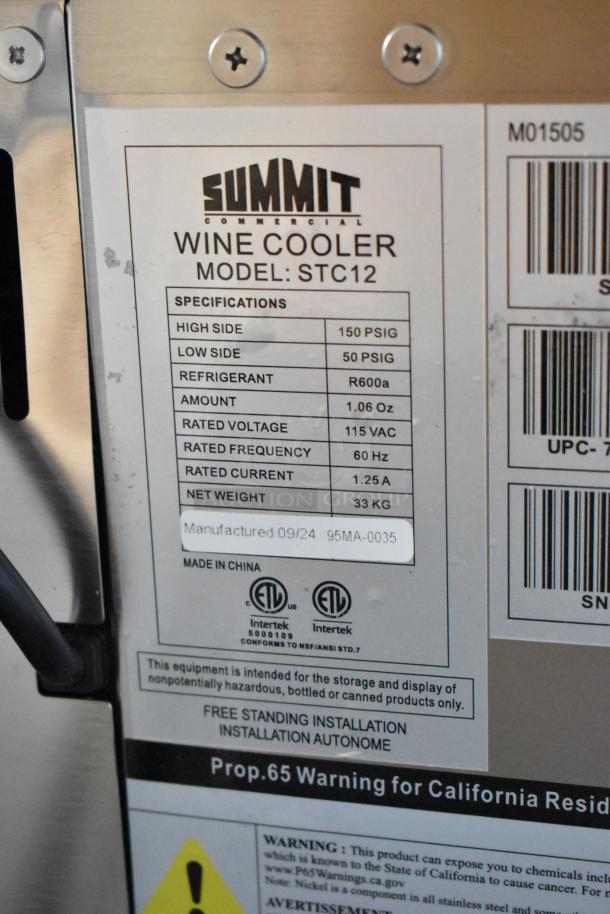 Summit Commercial wine cooler, model STC12. Specs: 150 PSIG high side, R600a refrigerant, 115 VAC. Manufactured 09/24. Made in China.