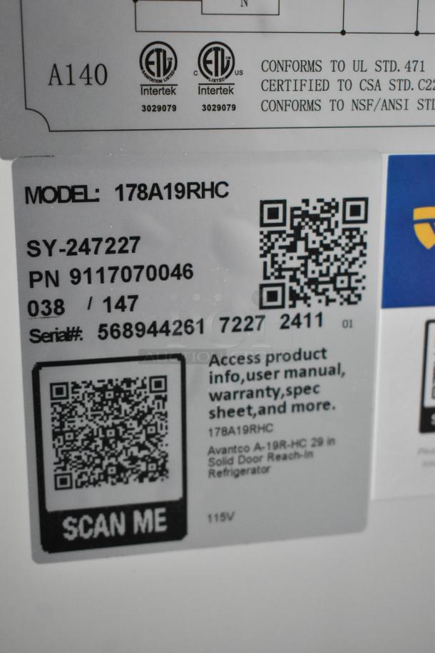 Label for Avantco A-19R-HC 29" Solid Door Reach-In Refrigerator, model 178A19RHC. Includes serial, model numbers, and QR code for product info.
